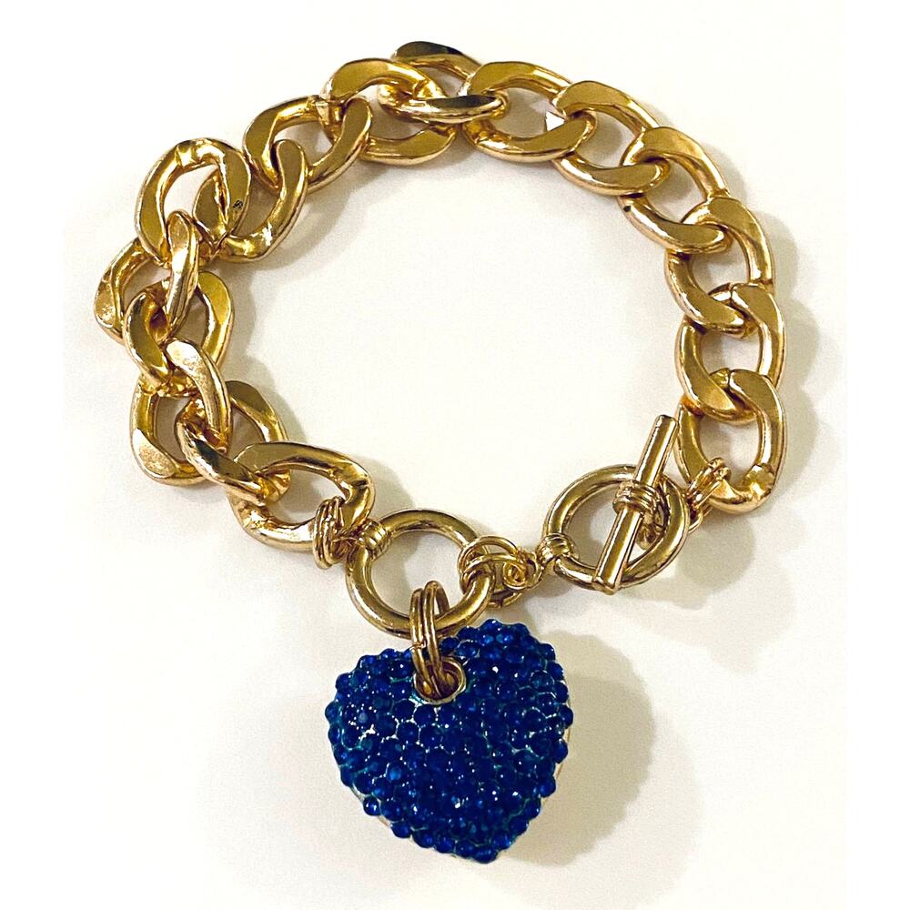 Gold Toggle Bracelet with Blue Crystal Heart Charm Valentine's Day